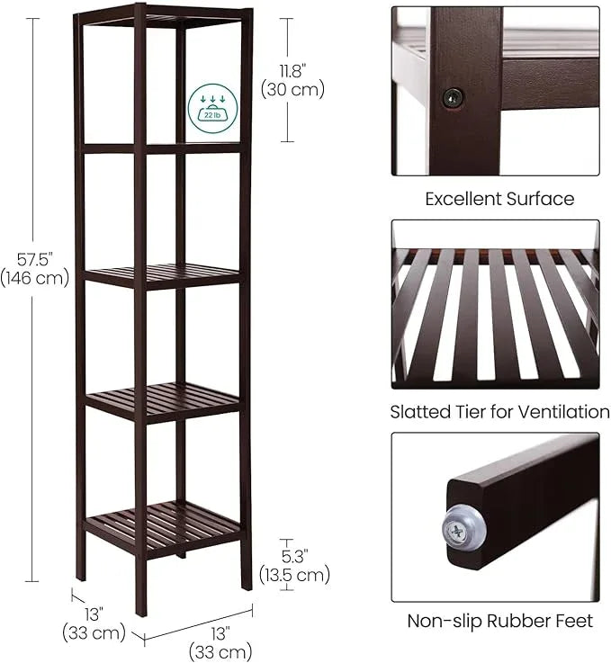 SONGMICS Bamboo Storage Shelf, 5-Tier Shelving Unit, Multifunctional, in the Entryway, Bathroom, Living Room, Balcony, Kitchen, 13 x 13 x 57.5 Inches, Brown UBCB55Z - ModernBath