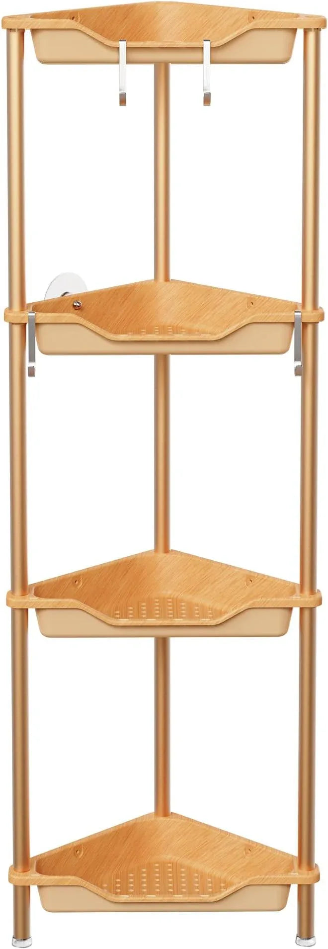 Orimade Rustproof 4 Tier Floor Standing Corner Shower Caddy Organizer, Plastic Aluminum Splicing Floor Corner Shelf Rack Storage Stands for Bathroom, Wood Grain Surface - ModernBath
