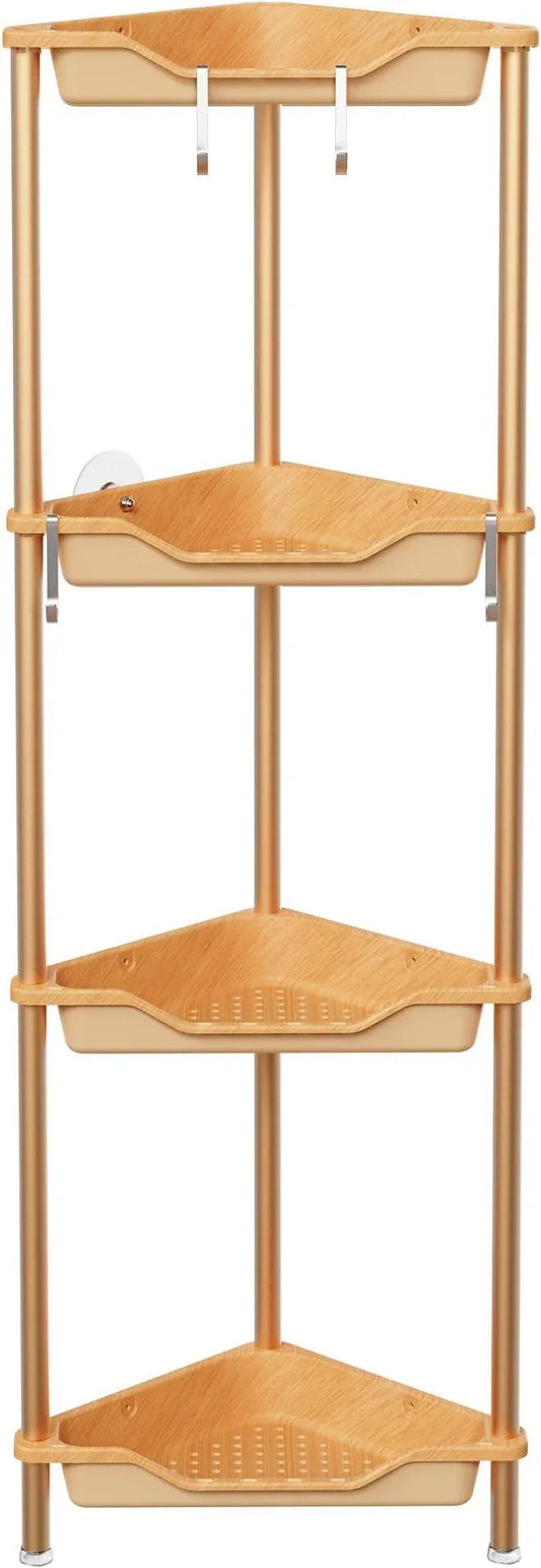Orimade Rustproof 4 Tier Floor Standing Corner Shower Caddy Organizer, Plastic Aluminum Splicing Floor Corner Shelf Rack Storage Stands for Bathroom, Wood Grain Surface - ModernBath