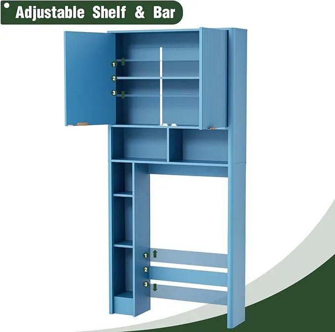 31" W Over The Toilet Storage Cabinet with Fluted Door, Blue Bathroom Organizer with Adjustable Shelf, Toilet Paper Holder Stand Wave Door for Restroom, Laundry Room - ModernBath