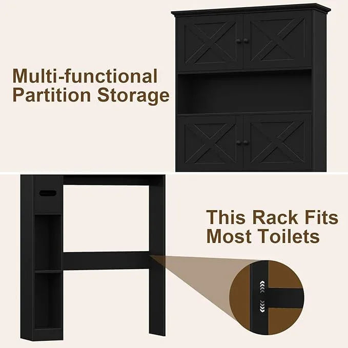 Over The Toilet Storage Cabinet, Farmhouse Storage Cabinet Over Toilet with 4 Barn Doors & Toilet Paper Holder Stand, Black Toilet Shelf Home Space Saver for Restroom, Bathroom, Laundry - ModernBath