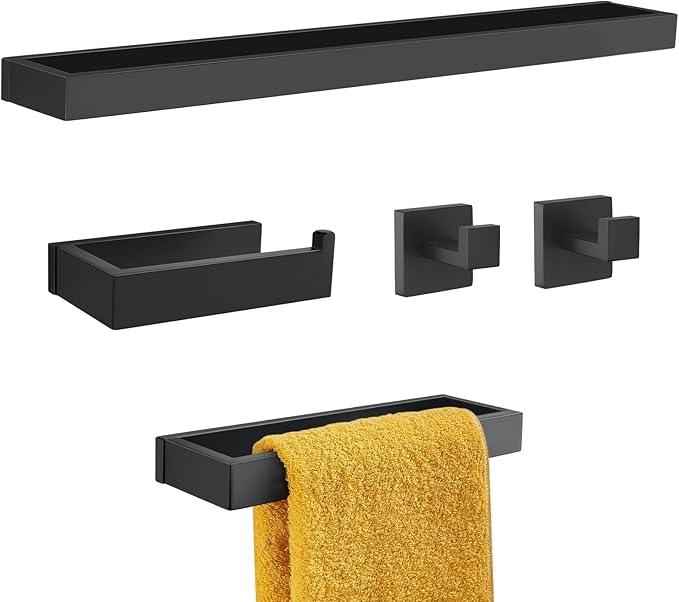 TNOMS Black Towel Bar Set, 5-Pieces Bathroom Hardware Set,23.6 Inch Towel Rack Set Stainless Steel Towel Holder Set Wall-Mounted Bathroom Accessories - ModernBath