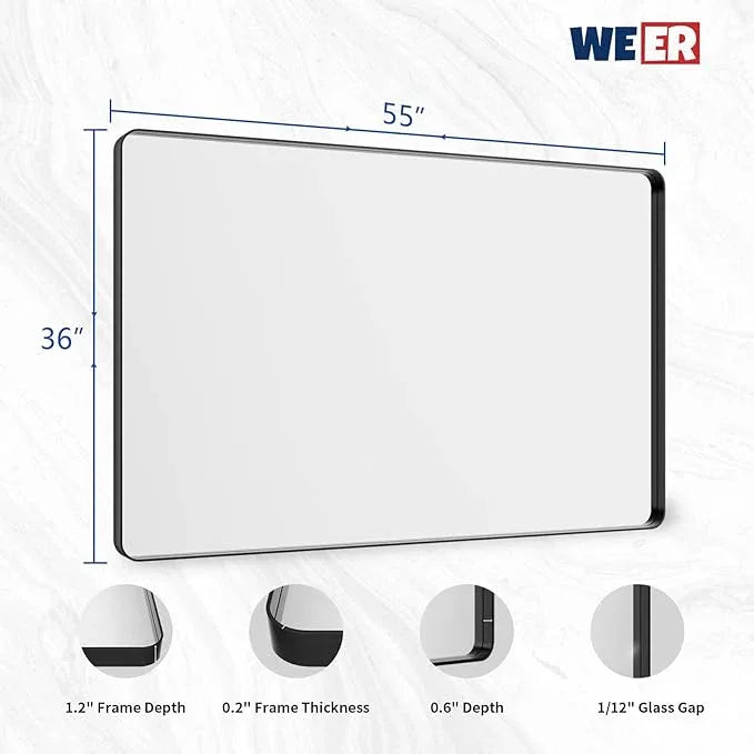 WEER 55X36 Inch Black Metal Framed Bathroom Mirror, Black Bathroom Vanity Mirror Farmhouse, Rounded Rectangular Matte Black Wall Mirrors, Tempered Glass, Anti-Rust (Horizontal/Vertical) - ModernBath