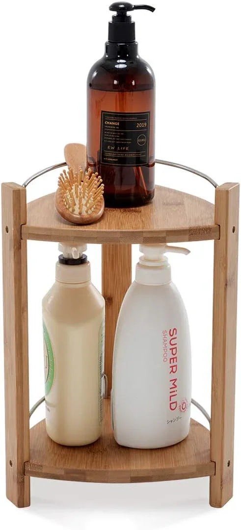 GOBAM Bamboo Shower Corner Caddy, Medium - 2 Tier Bathroom Organizer Countertop for Shampoo, Conditioner, Lotion, Soap - Standing Shower Stand for Kitchen, Bedroom, or Office - ModernBath