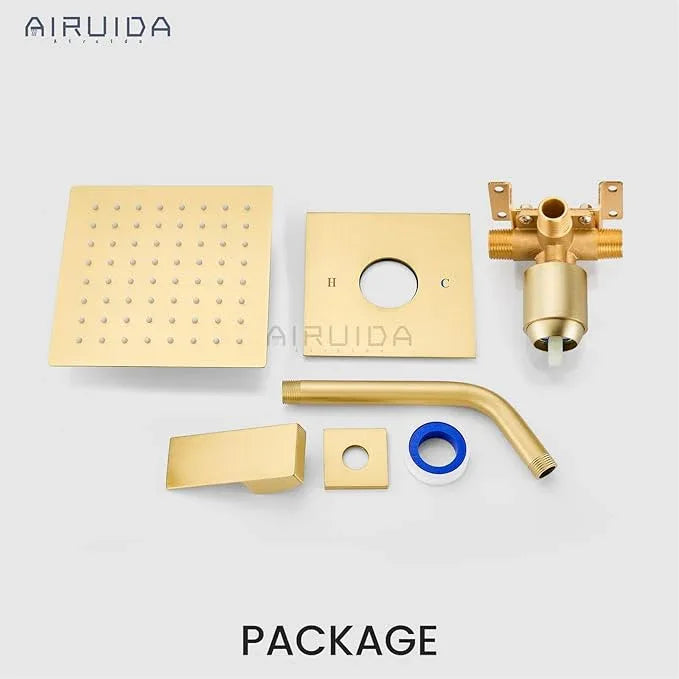 Airuida Shower Faucet Set Bathroom Rain Shower System SUS304 Stainless Steel Single Handle With Male Threads Rough-in Valve Shower Trim Kit 6 Inch Wall Mount Shower Head Brushed Gold - ModernBath