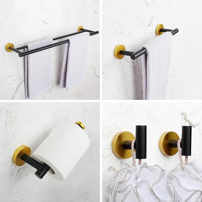 5-Pieces Bathroom Accessories Kit Black & Gold Wall Mounted - Includes 24" Double Towel Bar, 12" Hand Towel Bar, Toilet Paper Holder, 2X Robe Towel Hooks - ModernBath