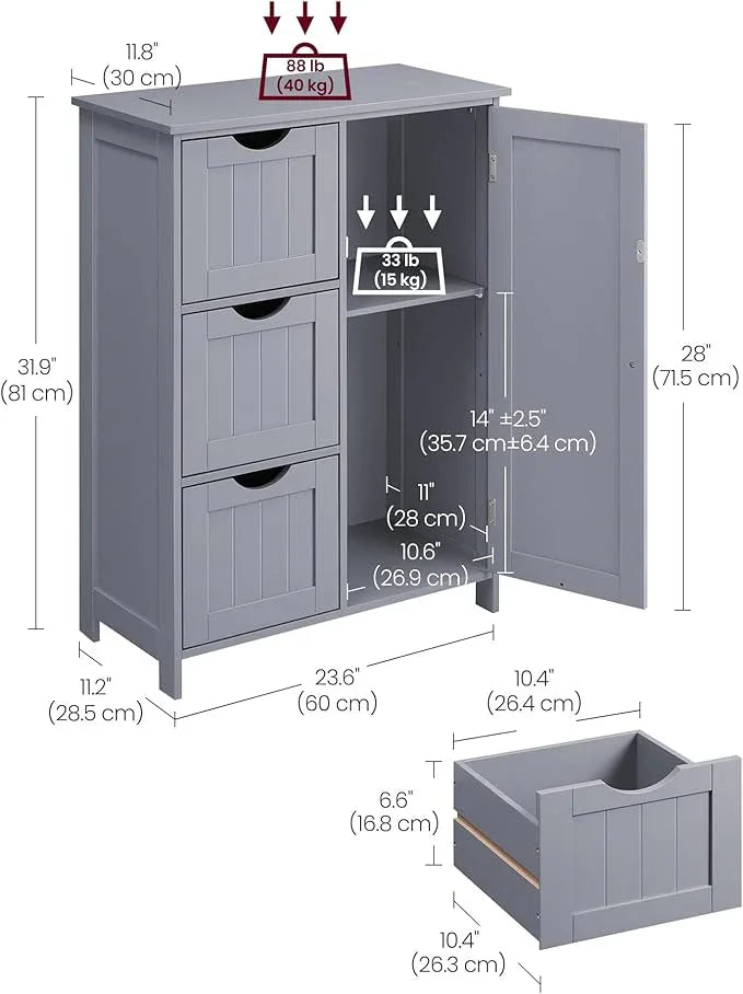 VASAGLE Floor Storage Cabinet, Freestanding Storage Unit with 3 Drawers, 1 Adjustable Shelf, for Bathroom Living Room Dining Kitchen, 11.8 x 23.6 x 31.5 Inches, Dove Gray UBBC049G02 - ModernBath