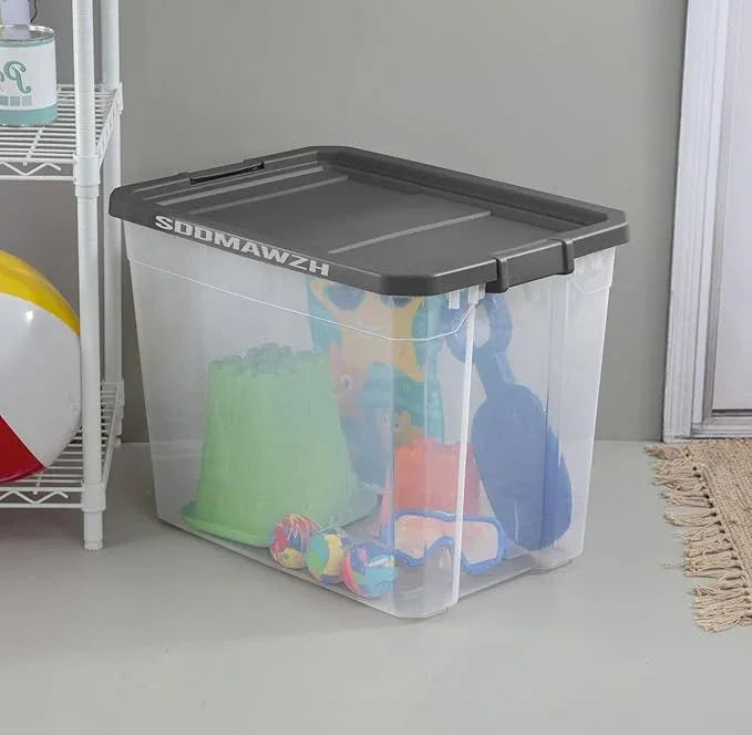 108-Quart Clear Plastic Stackable Storage Tote with Latching Lid, Textured Grip, Flat Grey Lid,Heavy Duty Stackable Storage Bins, – Closet, Bathroom, Office Organizer - ModernBath