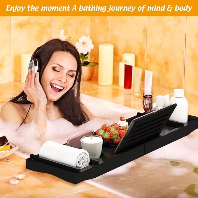 Bamboo Bathtub Tray for Luxury Bathroom, Expandable Premium Bath Tray w/Soap Towel Book Holder, Adjustable Bath Accessories for Tub,Extendable Tub Tray with Wine Glass Cup Organizer 29.5"-43.3" Black - ModernBath