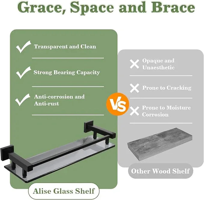 Alise Glass Shelves for Bathroom Wall, Tempered Glass Bathroom Shelf Wall Mounted, Modern Space Saving Floating Shelves 12 inch, Matte Black - ModernBath