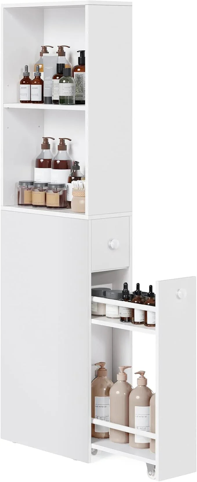 VASAGLE Slim Storage Cabinet, Narrow Freestanding Cabinet with Drawers and Adjustable Shelf, Modern Linen Tower for Living Room Bathroom Bedroom, White UBBK567T14 | Narrow, Freestanding, Storage Drawers, Adjustable Shelf, Modern Style - ModernBath