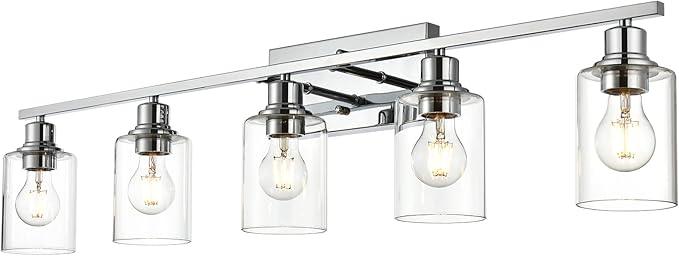 VINLUZ 5 Light Bathroom Lighting Fixture in Chrome Finish,Contemporary Indoor Wall Lights with Clear Cylinder Glass Shade Classic Vanity Light for Stair Entryway Hallway - ModernBath