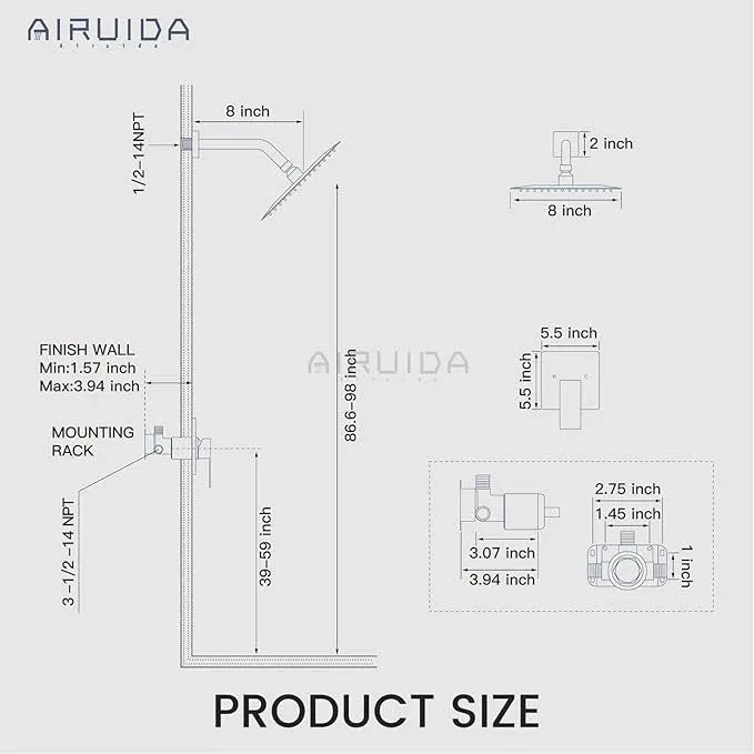 Airuida Shower Faucet Set Bathroom Rain Shower System SUS304 Stainless Steel Single Handle With Male Threads Rough-in Valve Shower Trim Kit 8 Inch Wall Mount Shower Head Brushed Gold - ModernBath