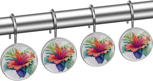 FVQL Shower Curtain Hooks Decorative, Flower Hibiscus and Leaf, Set of 12