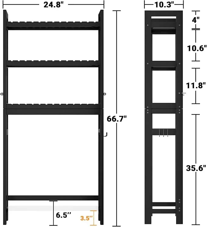 Homykic Bamboo Over The Toilet Storage Shelf, 3-Tier Above Toilet Storage Organizer Rack with 3 Hooks, Freestanding Bathroom Tower Shelf Unit for Small Space, No Rust, Easy to Assemble, Black - ModernBath