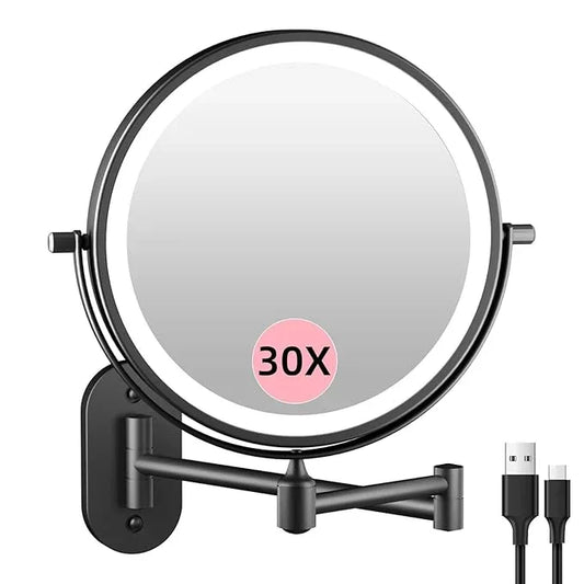 FUNTOUCH Rechargeable Wall Mounted Lighted Makeup Vanity Mirror 8 Inch Double Sided 1X 30X Magnifying Bathroom Mirror, 3 Color Lighting, Touch Dimming, Extended Arm 360 Rotation Light up Mirror Black - ModernBath
