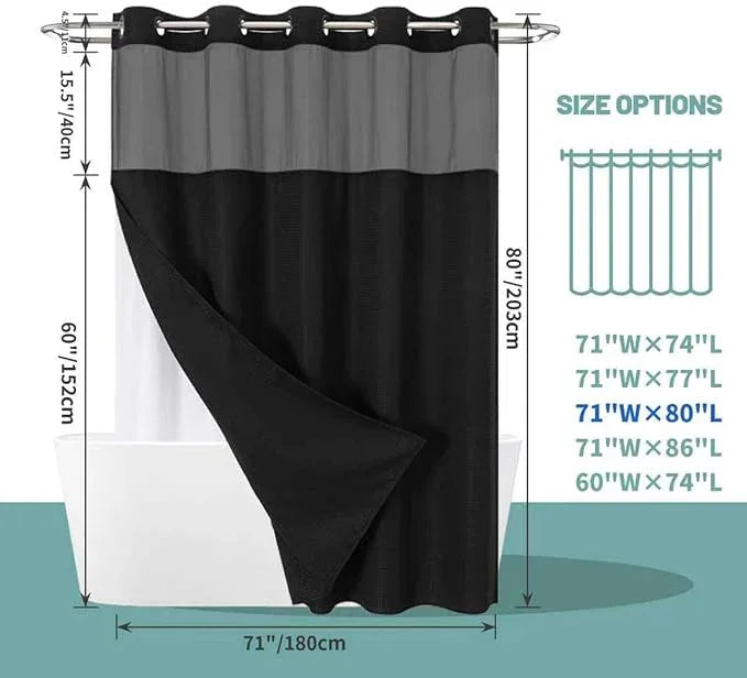 eachope Black Long No Hook Waffle Weave Shower Curtain with snap-in Liner Replacement, 230GSM Waterproof Fabric Hotel Shower Curtain Set for Bathroom, Through Mesh Top Window,71Wx80H - ModernBath