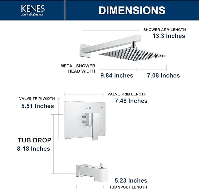 KENES Polished Chrome Tub and Shower Trim Kit, Tub Shower Faucet Set Complete with 10-Inch Rainfall Shower Head and Tub Spout, KE-6024A-5 (Shower Valve Included) - ModernBath