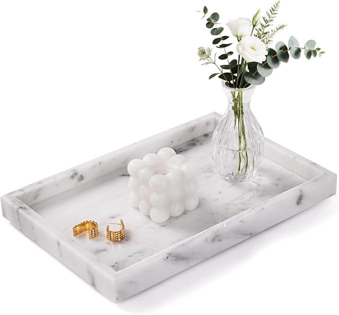 Homaura Marble Bathroom Tray for Countertop & Home Decor, Natural Decorative Marble Tray for Jewelry & Perfume Organizer, Luxury Stone Vanity Trays for Dresser, Kitchen Counter, 12" x 8", Starry White - ModernBath