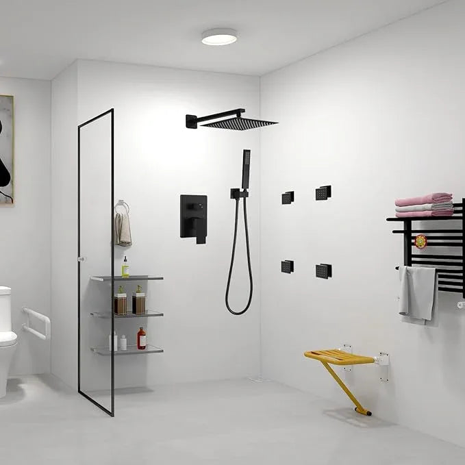 annazom Matte Black Shower Faucet Set with Body Jets 10 Inch Matte Black Shower Head Handheld Shower Combo Set High Pressure Wall Mount with Rough-in Valve - ModernBath