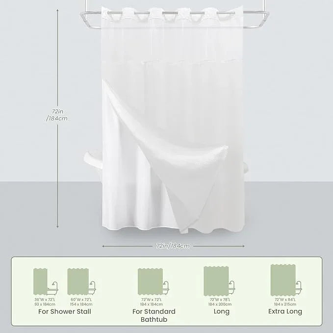 Inhousolu No Hook Shower Curtain with Snap in Fabric Liner Set Waffle Weave 230GSM Weighted Hem, Waterproof & Washable Bathroom Curtain Spa Luxury with Mesh Top Window 72" W x 72" L White - ModernBath