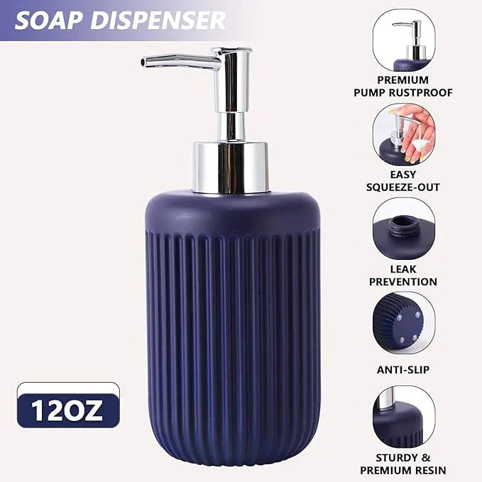 XLHOMO Resin Navy Blue Bathroom Accessories Set 5 Pcs, Lotion Soap Dispenser, Toothbrush Holder, Bathroom Tumbler, Qtip Holder and Vanity Tray, Bathroom Countertop Organizer Set for Modern Apartment - ModernBath