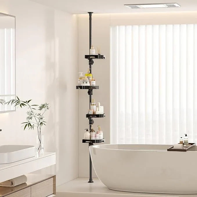 shuang qing 4-Tier Corner Shower Caddy Tension Pole Organizer - Adjustable Rustproof Metal Tension Pole, Plastic Shelves with Safety Guardrail, Bathroom Storage for Shower & Bathtub(Black) - ModernBath