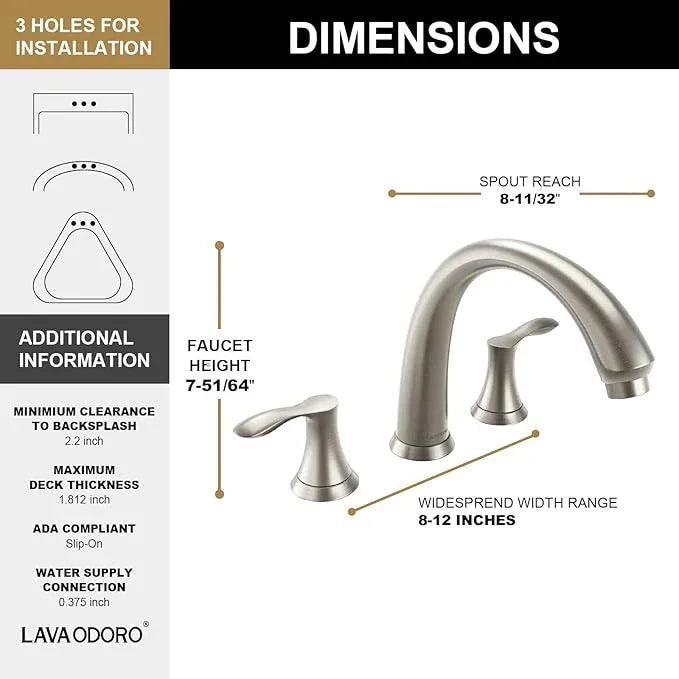 8 inch Widespread Roman Tub Faucet, Lava Odoro Brushed Nickel Tub Faucet with Valve, Solid Brass High Flow 3 Hole Tub Filler, 2 Handle Faucets for Soaking Tub TF405-BN - ModernBath