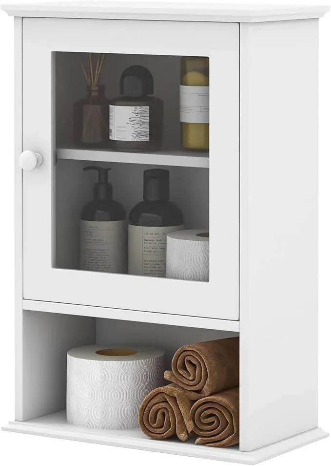 LOKO Bathroom Medicine Cabinet, Over The Toilet Storage Organizer with Adjustable Shelf, Modern Wall Mounted Storage Cabinet with Tempered Glass Door for Living Room, Entryway (White) - ModernBath