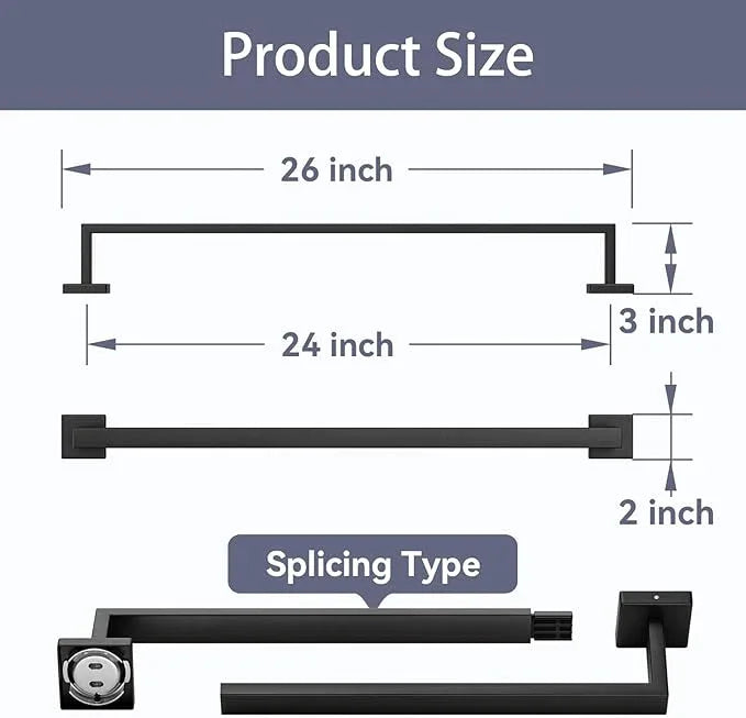 Matte Black Towel Bar, 24 Inch Bathroom Towel Rack, Towel Holder Wall Mounted, Square Base Thicken SUS304 Stainless Steel Towel Rod Modern Home Decor (Total Length 26-Inch) - ModernBath
