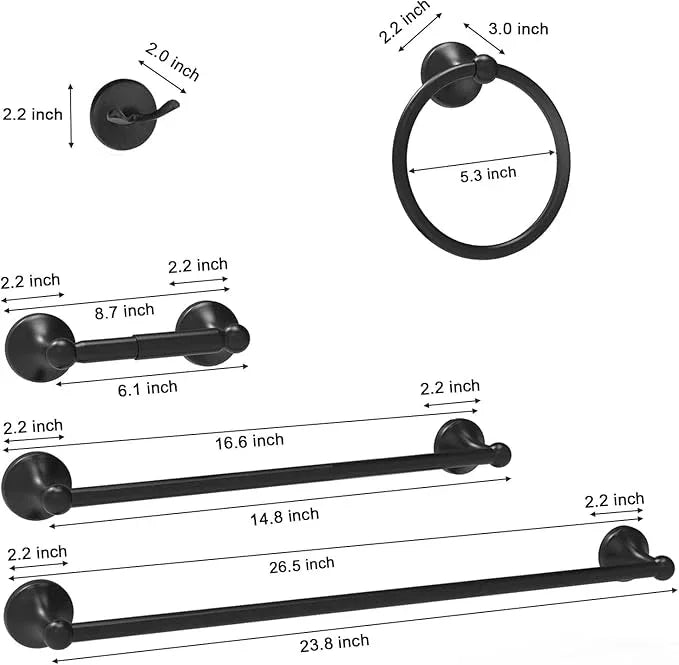 8-Pieces 24" Bathroom Hardware Set, Bathroom Accessory Set, Includes 24" Adjustable Bath Towel Bar, Towel Rings Wall Mounted, Toilet Paper Holder, Robe Towel Hooks (Matte Black) - ModernBath