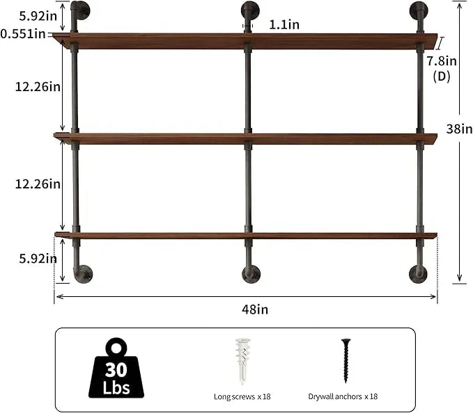 3-Tier Industrial Pipe Floating Shelf – Rustic 48 inch Wood Wall-Mounted Storage Shelf for Kitchen Office,Bathroom & Home Decor -Walnut - ModernBath