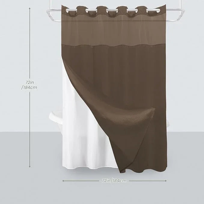 Inhousolu No Hook Shower Curtain with Snap in Fabric Liner Set Waffle Weave 230GSM Weighted Hem, Waterproof & Washable Bathroom Curtain Spa Luxury with Mesh Top Window 72" W x 72" L Brown - ModernBath