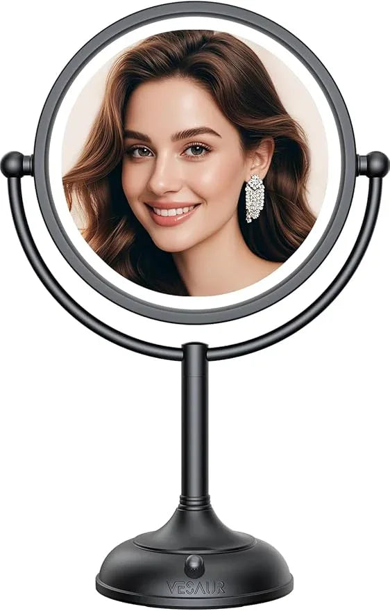 VESAUR Professional 8.5" Lighted Makeup Mirror, 1X/10X Double Sided HD Undistorted Magnifying Mirror with 3 Color 90 Dimmable LED lights, 360° Rotation Vanity Mirror, Unique Black Nickel with Gift Box - ModernBath