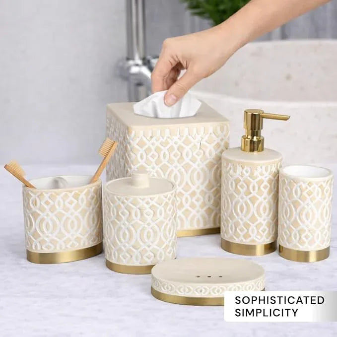 6-Piece Bathroom Accessories Set – Soap Dispenser, Toothbrush Holder, Tumbler, Soap Dish, Cotton Swab Jar & Toilet Brush – Modern Bathroom Decor Set (Solana) - ModernBath