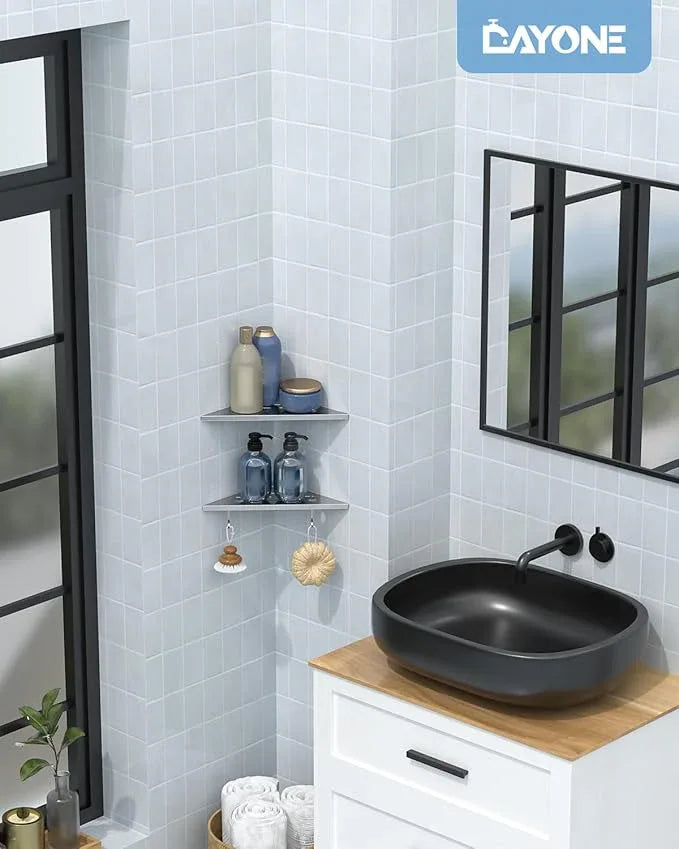 DAYONE 2 Pack Corner Shower Shelves 10", Chrome 304 Stainless Steel Recessed Bathroom Shelf with Razor Holding Hole and 2 Hools, for Tiled Wall No Drilling Needed - ModernBath