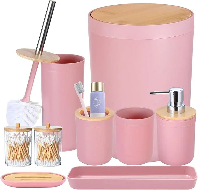 iMucci 9Pcs Pink Bathroom Accessories Set - with Trash Can,Toilet Brush,Toothbrush Holder, Lotion Soap Dispenser, Soap Dish,Toothbrush Cup,Qtip Holder,Tray - ModernBath