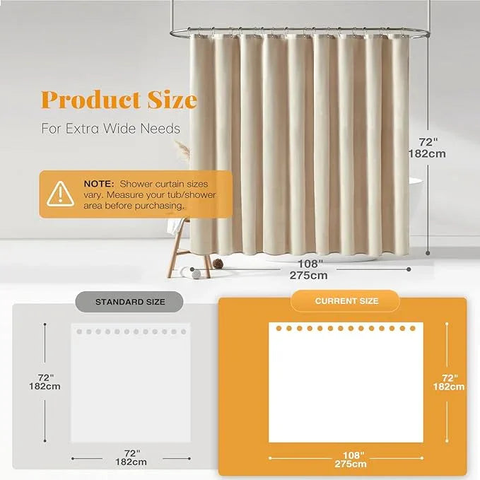 BTTN 108 Extra Wide Shower Curtain - 108x72 Linen Textured Heavy Duty Fabric Shower Curtain Set with 18 Plastic Hooks, Large Neutral Cloth Shower Curtains for Bathroom and Clawfoot Tub, Cream/Beige - ModernBath