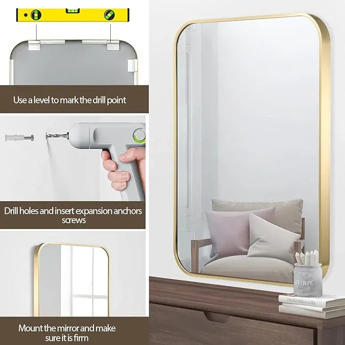 CLBA Gold Bathroom Mirror, 24x36 Inch Brushed Gold Mirror, Aluminum Alloy Framed Vanity Mirror, Rounded Rectangle Mirror for Over Sink, Anti-Rust (Horizontally or Vertically) - ModernBath