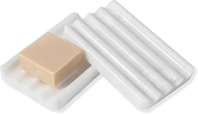 2PCS Koville African Natural Marble Soap Dish for Shower, Stone Soap Tray for Bathroom, Bar Soap Holder for Sink, Stripe Grooves Saver Keep Bars Dry Easy Clean (Namib Bianco) - ModernBath
