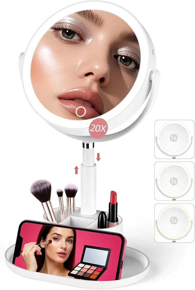 Shinowa Makeup Mirror with Lights, 1X/20X Lighted Magnifying Mirror with Storage for Makeup & Jewelry, 2-Sided Height Adjustable Vanity Mirror with 3 Color Lights, 360° Rotation & Rechargeable, White - ModernBath