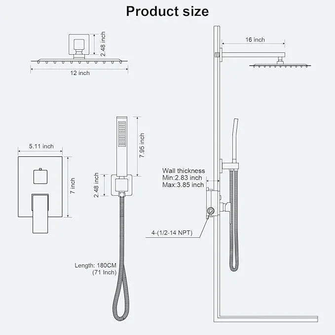 FPXRNG Black Shower Faucet Set, Rainfall Shower System with Square Shower Head and Handle Set, Wall Mounted Shower Fixtures, Full Metal Trim Repair Kit 12 inch Matte Black (With Shower Valve) - ModernBath
