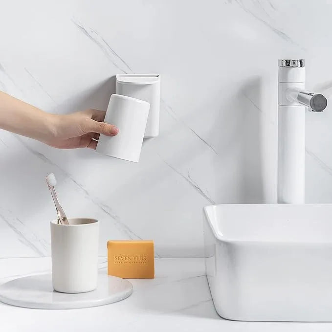 FLAUVEL Wall-Mounted Toothbrush and Toothpaste Holder - Self-Draining Design, Easy Installation, Space-Saving, White (Single - One Magnetic Cup) - ModernBath