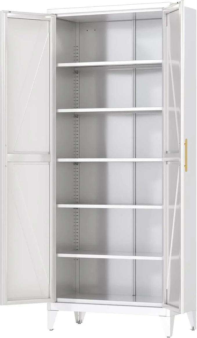 75" H Metal Pantry Cabinet, Kitchen Pantry Storage Cabinets with 5 Adjustable Shelves, for Home Office Bathroom, Required Assembly, White - ModernBath