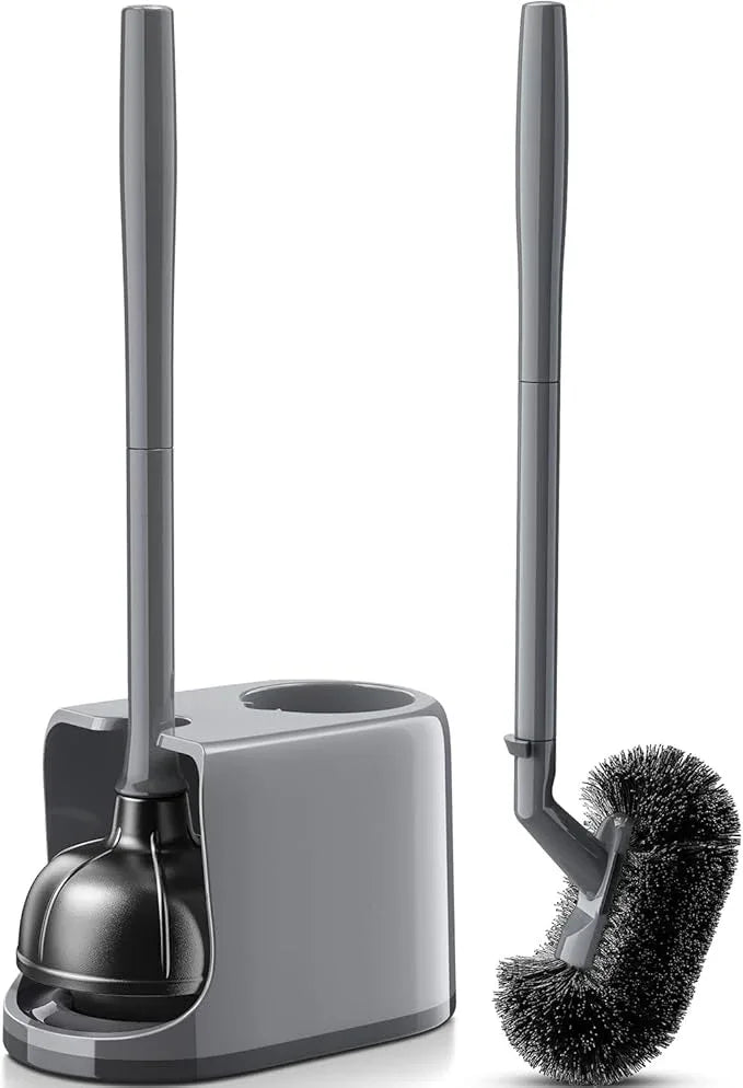 HAMITOR Toilet Plunger and Brush Set for Bathroom Cleaning with Extented Handle - Heavy Duty Toilet Plunger Combo Accessories with Caddy Stand Holder for Small Space - Gray - ModernBath