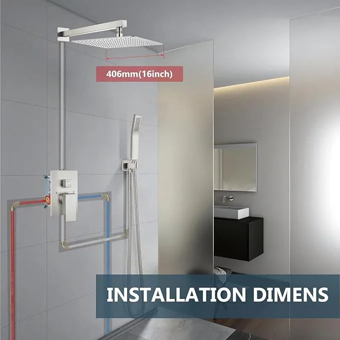 Aolemi Shower Faucet Set Rain Shower System with Handheld Spray Bathroom Shower Combo Rough-in Valve and Shower Trim Kit Included Brushed Nickel 16 Inch Wall Mount Shower Head - ModernBath