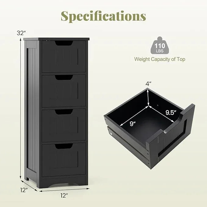 Tangkula Bathroom Floor Cabinet with 4 Drawers, 12 x 12 x 33 Inch, Freestanding Storage Cabinet for Bathroom Living Room, Wooden Cabinet Organizer Unit for Home Office (Black) - ModernBath