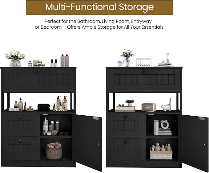 Storage Cabinet, Modern Bathroom Floor Storage Cabinet Organizer with 1 Door and 3 Drawers, Freestanding Cupboard for Kitchen/Living Room Use - ModernBath
