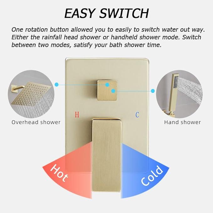 YCAIKOI Brushed Gold Shower System, 8 Inch High Pressure Rain Shower with Handheld, Wall Mount Shower Faucet Set for Bathroom, Rough-in Valve Body and Trim Included - ModernBath