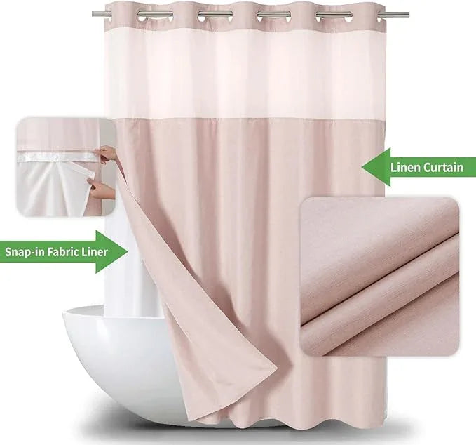 eachope Extra Long No Hooks Needed Linen Textured Shower Curtain with Snap-in Fabric Liner Set,Blush Hotel Luxury Decor Shower Curtains for Bathroom,Waterproof & Washable,71Wx86H - ModernBath